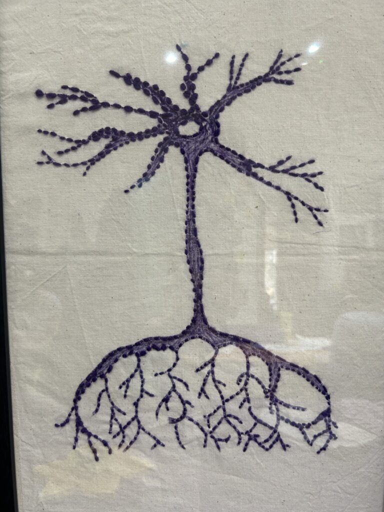 photo of a purple hand emboidered neuron as part of The Meath Purple Day art display.