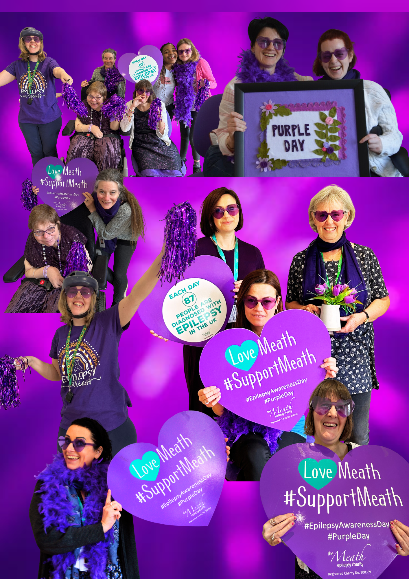 A selection of images of the people we support wearing purple and holding purple hearts.